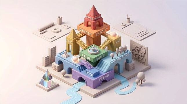 3D isometric architectural concept of brand building with colorful layers representing identity marketing trust and design strategy in a creative miniature clay style landscape