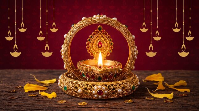 Ornate golden diya lit on traditional indian gold bangle for dhanteras and diwali celebration on wooden surface with red background