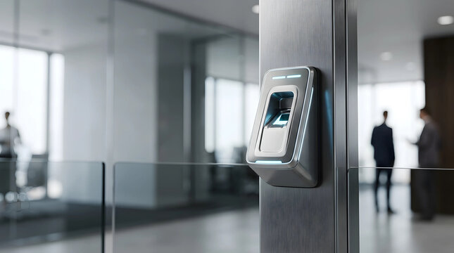Modern biometric fingerprint scanner on a brushed metal post in a corporate office for secure access control and identity verification.