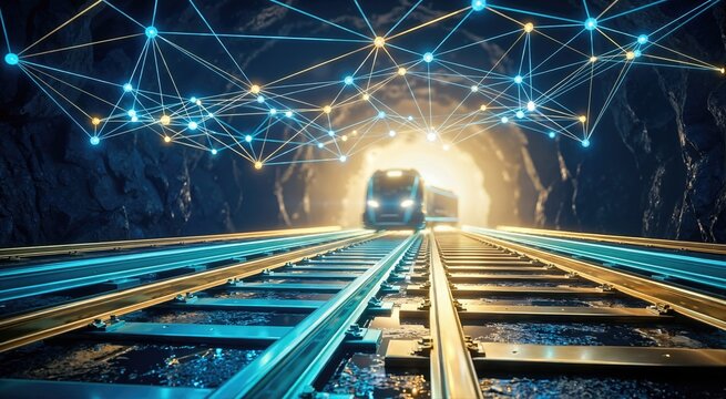 Polished railway tracks in a dark underground mine tunnel. Futuristic transport vehicle with glowing digital network overlay. Smart connectivity and automation in mining industry
