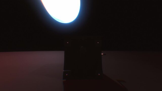 Creepy mechanical monster pops out from jack in the box toy under cold moonlight in a dark 3D motion graphic animation