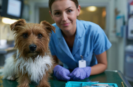 Vet Technician with Small Dog Preparing Dental Tools in Clinic in Maintenance and Repair Context