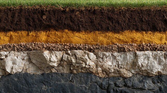A realistic geological cross section displaying fertile soil layers, rocky strata, and bedrock beneath green grass.