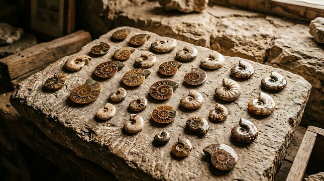 Collection of numerous ancient ammonite fossils arranged on a rough stone surface