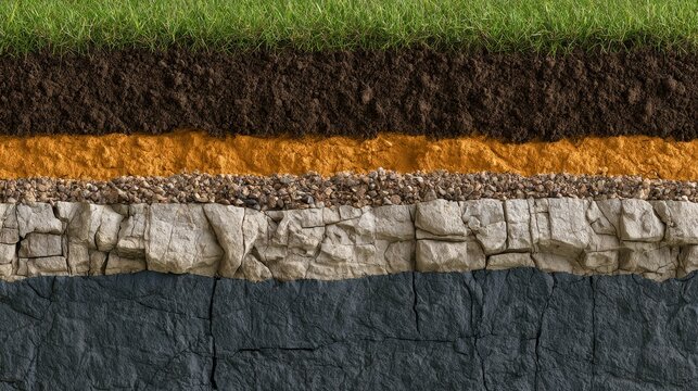 A detailed cross section of soil layers showing grass turf, topsoil, clay, pebbles, and bedrock under daylight.