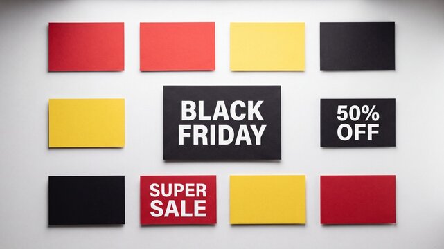 Black Friday super sale with 50% off and discount offers displayed on colorful background.