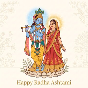 Illustration of a blue deity playing a flute standing with a woman on a lotus flower background with beside woman large