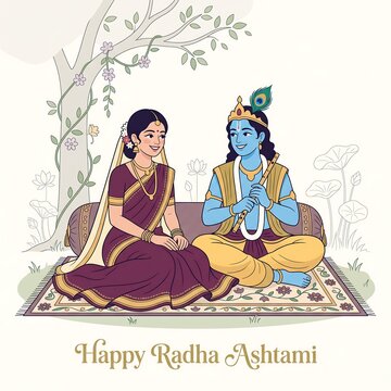 Illustration of a couple in traditional indian attire sitting under a tree for a religious celebration