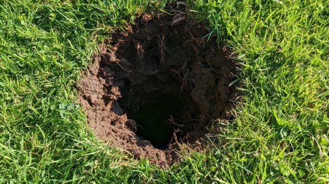A deep circular hole dug into green grass lawn under bright daylight.