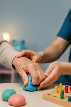Occupational therapist guiding senior's hand with therapy putty