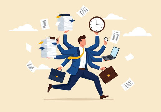 Businessman with many arms juggling tasks, holding files, clock, laptop, and briefcases, running to meet deadlines, dynamic action, concept of multitasking and productivity.