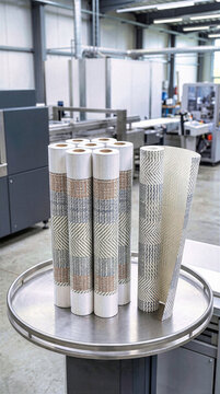 Upright geometric patterned wallpaper rolls on circular stainless steel inspection platform in factory. Industrial production facility background with chevron textured paper rolls quality check