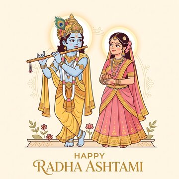 Illustration of a blue skinned deity playing a flute standing beside a woman in traditional indian clothing