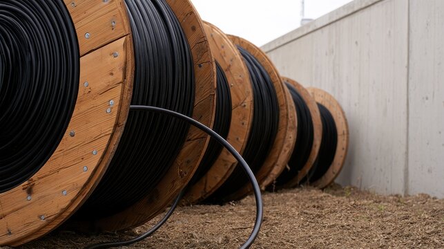Large wooden cable reels loaded with thick black fiber optic cables sit lined up outside a concrete building.