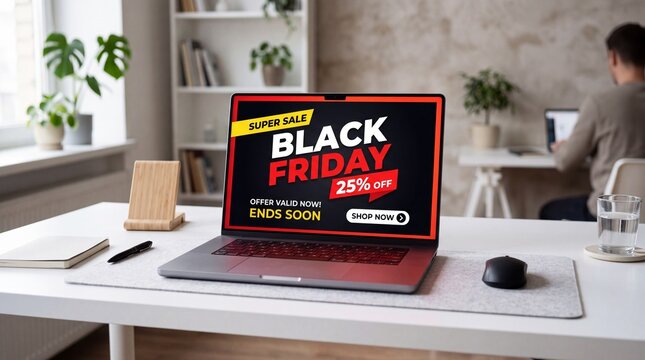 Black Friday super sale advertisement on a laptop screen, displayed on a desk in a home office setting. The sale offers 25% off and indicates that the offer ends soon.
