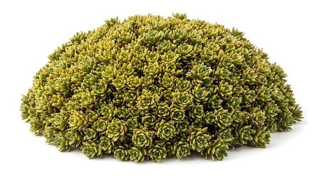 A dense mound of green and yellow variegated sedum succulent plant.