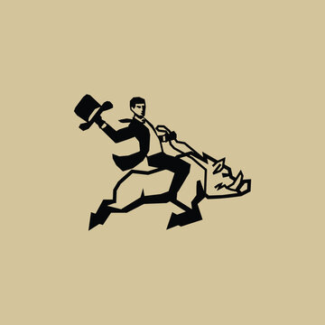 Man Riding Hog &ndash; Wild Rider Pig Adventure Logo Illustration Creative Design Template 