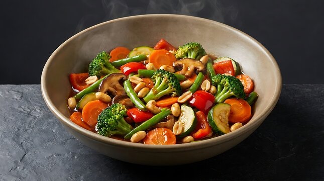 Fresh vegetable stir fry with broccoli carrots peppers mushrooms and peanuts in a bowl served on a dark rustic stone table top for a healthy lunch. kung pao vegetable mix