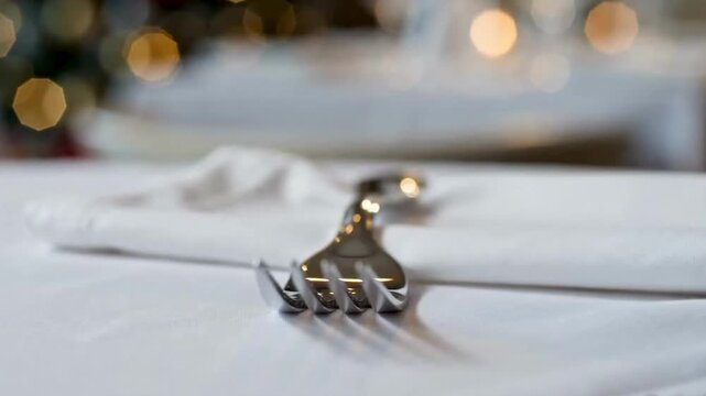 Close-Up on Hands of Waiter in White Gloves Placing Sterling Silver Fork on Festive Table