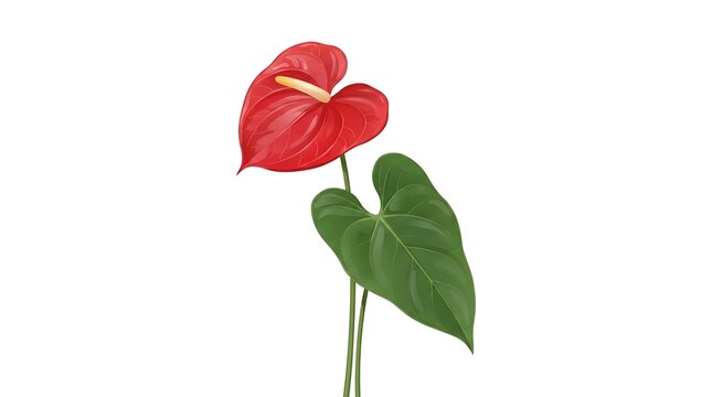 A single red anthurium flower with a green leaf isolated on a white background.