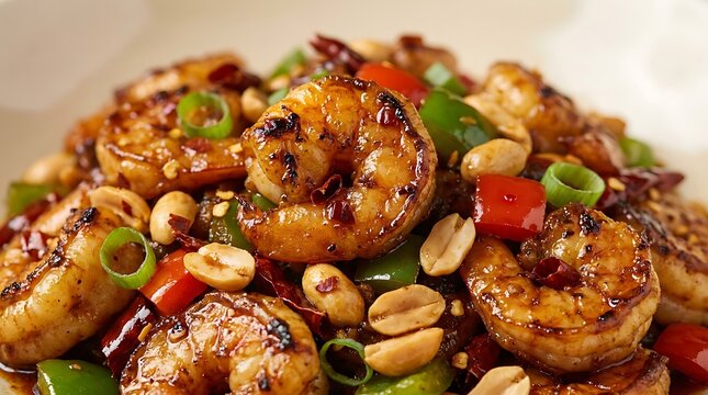 Delicious stir fried mushrooms with colorful vegetables and crunchy peanuts in a gourmet meal served on a plate for a healthy and tasty dinner option. kung pao shrimp