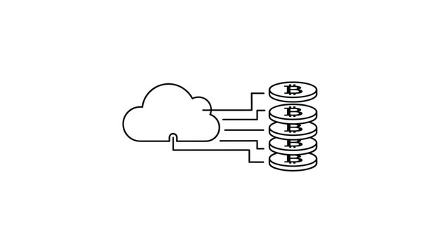 Minimalist line illustration depicting cloud computing network connections to a stack of digital bitcoin coins.