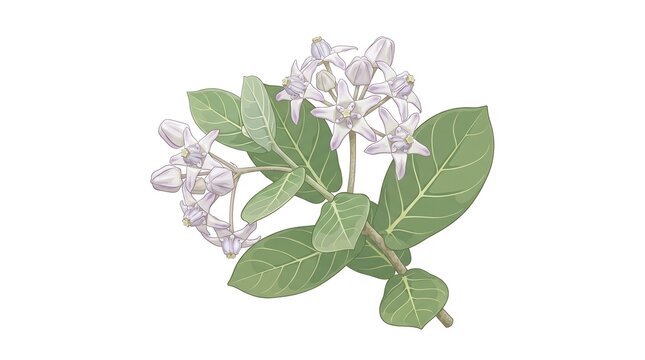 A beautiful botanical illustration of Calotropis gigantea flowers with green leaves on a white background.