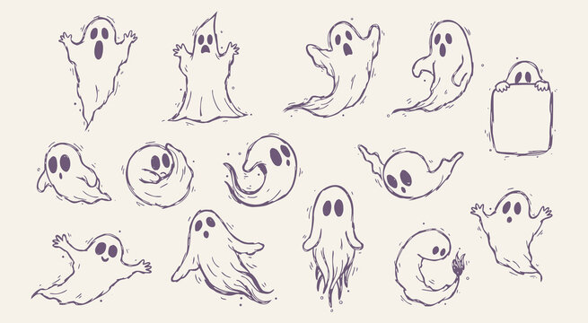 Hand drawn cute ghost characters set with spooky expressions and doodle lines
