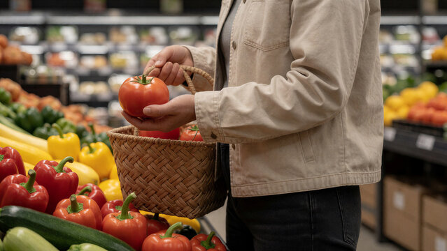 Eine Frau sucht frische Tomaten und Paprika aus. Das Motiv zeigt bewussten und allt&auml;glichen Lebensmitteleinkauf.