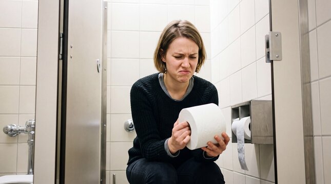 Woman grimacing in public restroom stall holding toilet paper