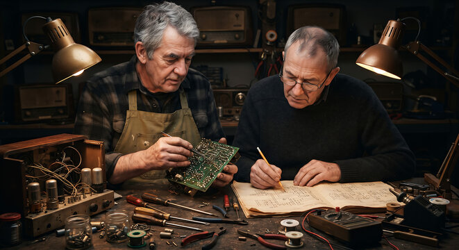 Two older men repairing and studying vintage electronic equipment in a workshop, examining a circuit board and technical schematics while surrounded by tools and classic radios.