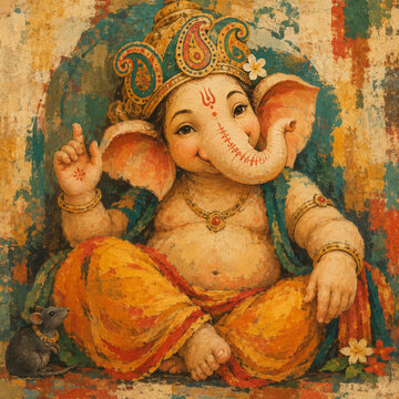 Lord Ganesha seated with a small mouse figure against a warm textured devotional background