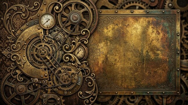 A detailed, ornate metal panel is adorned with intricate gears, cogs, and a pocket watch. The panel features a distressed, aged texture with a warm, sepia-toned background.