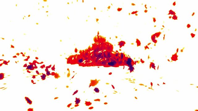 Stylized thermal heat map render of pumpkins with falling leaves swirling across a pure white space in a 3D animation