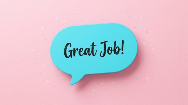 Vibrant blue speech bubble containing appreciative text sits centered on a soft pastel pink surface with scattered celebratory confetti elements