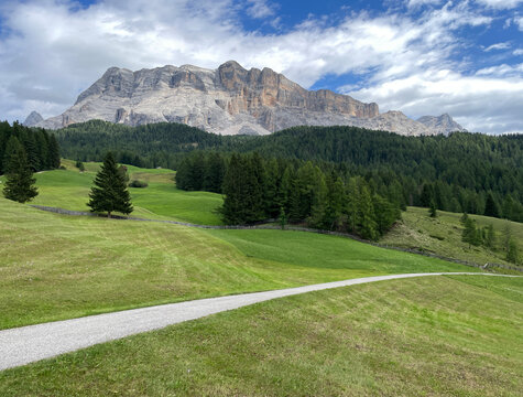 Panoramic view of Sasso di Santa Croce, Sas dla Crusc, La Crusc, Rosskofel, Fanes and Prati dell'Armentara, in Alta Badia Valley , Dolomites , Trentino, Alto Adige, Sudtirol, South Tyrol, Italy