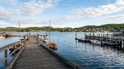 Fototapeta premium A wooden pier extends into a calm lake under a bright blue sky with fluffy white clouds. Several sailboats and small boats are docked along the pier.