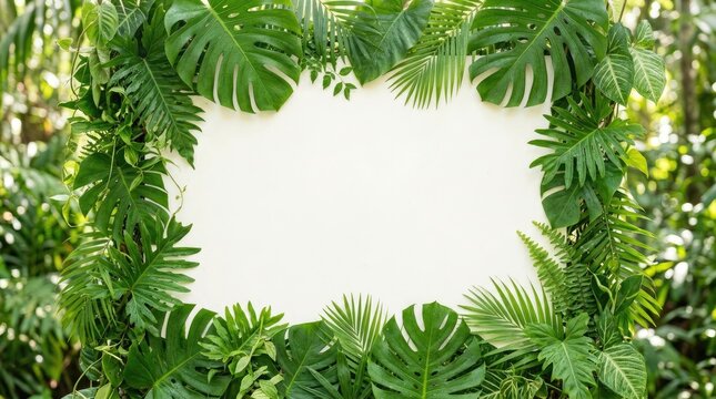 A lush, green tropical foliage frame surrounds a blank white rectangle. The leaves, including monstera and palm varieties, create a vibrant and natural border.