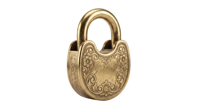 Vintage antique brass padlock with ornate engraved floral pattern, heavy metallic shackle, isolated on transparent background png for security graphics and decorative project design.