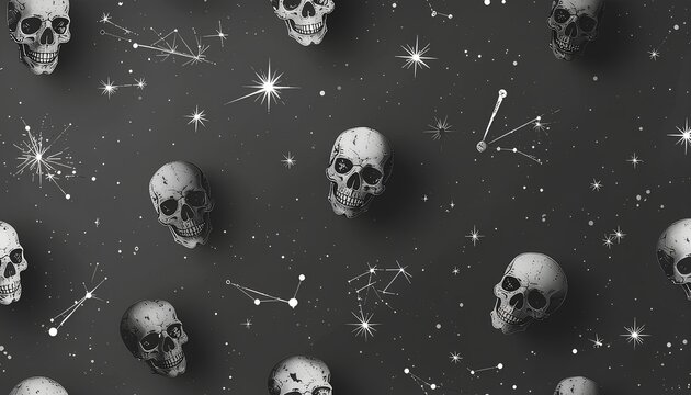 Celestial Seamless Pattern with Skulls Constellations and Stars on Dark Grey Background