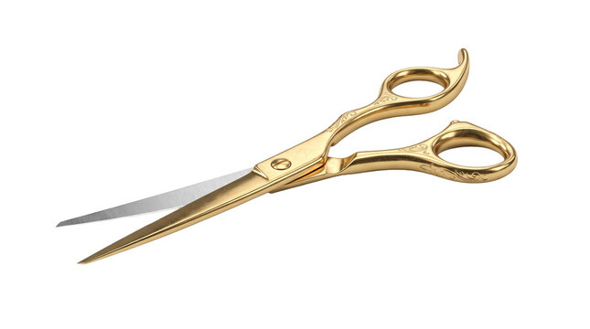 Vintage antique brass professional hairdresser scissors with ornate engraved floral handle design, sharp blades, isolated on transparent background png for beauty salon graphics.