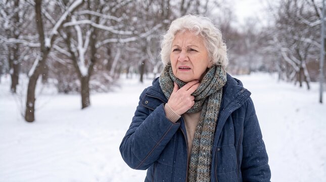 Senior woman touching sore throat in winter park