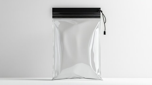 Transparent plastic pouch mockup featuring a sleek black zipper closure and a convenient drawstring pull tab displayed against a clean minimalist studio white background surface