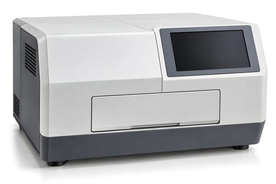 Compact laboratory microplate reader with enclosed sample compartment and digital interface for optical analysis, biotechnology research, diagnostics, and life science applications.