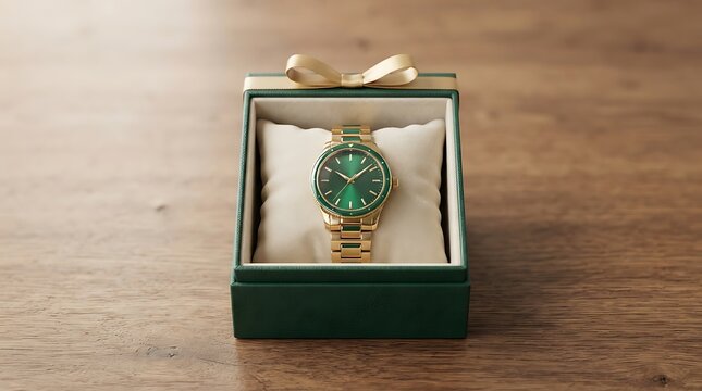 Luxury gold watch with green dial in a gift box on a wooden table