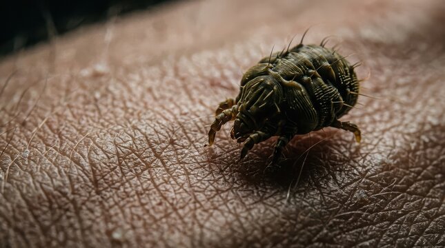Small black tick crawling on human skin with red rash marks