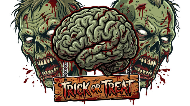 Scary zombie with bloody face and brain exposed for Halloween horror