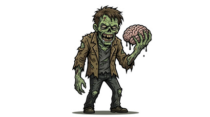 Fototapeta premium Cartoon Zombie Holding Brain in Hand for Halloween or Horror Themes