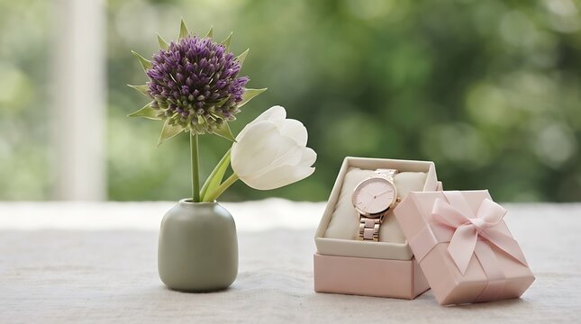 Elegant rose gold wristwatch in a gift box with a vase of purple allium and white tulip