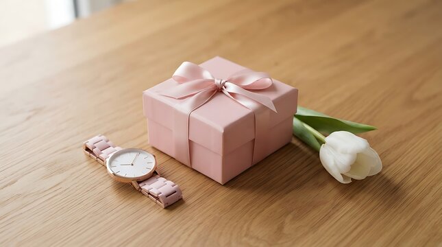 Pink gift box with ribbon, elegant wristwatch and white tulip on wooden table